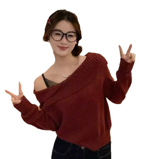 Damen lässiger Strickpullover mit Off-Shoulder-Design und modernen Rippdetails EB