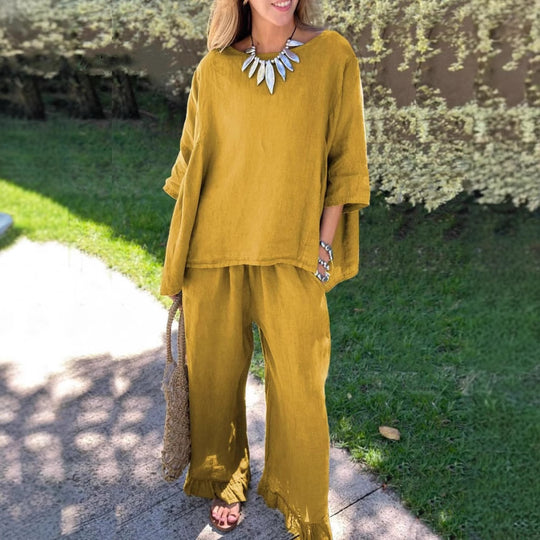 Damen lässiges Leinen-Outfit mit weitem Schnitt und angeschnittenen Ärmeln EB