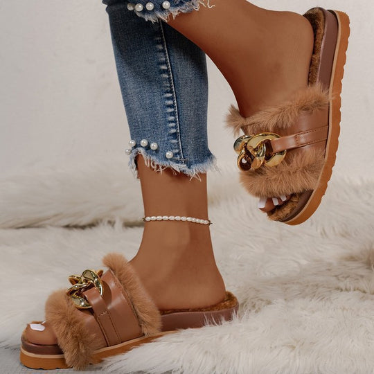 Damen Fuzzy Hausschuhe mit modischem Dekor und rutschfester Sohle EB