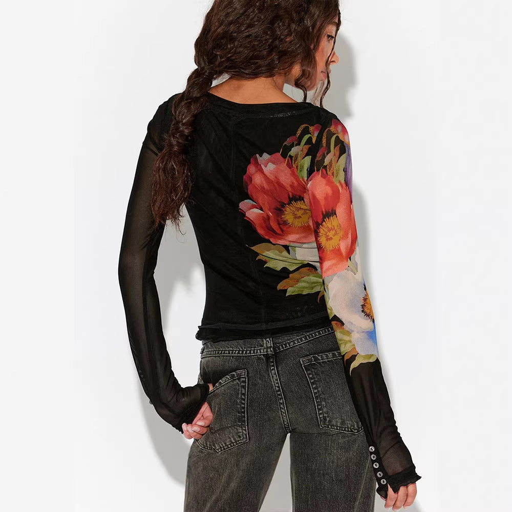 Damen Langarmshirt mit floralem Musterdruck und transparentem Stoff EB