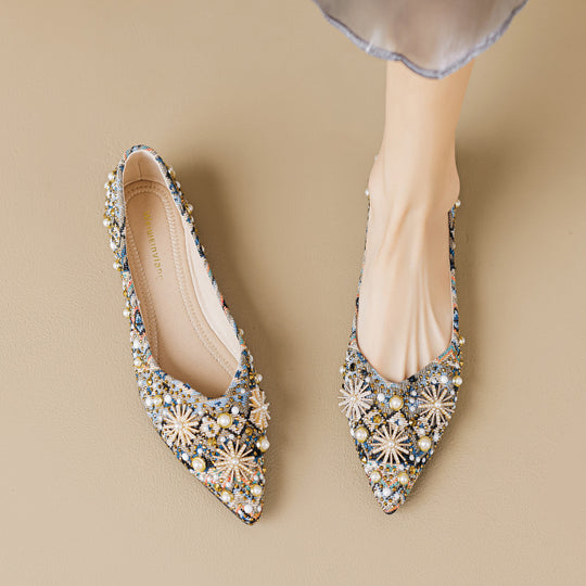 Damen Ballerinas mit funkelnden Perlenapplikationen und exquisiter Detailverarbeitung EB