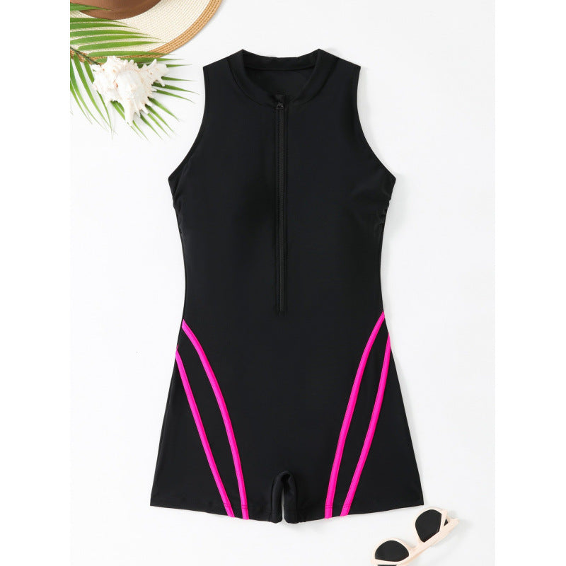 Damen Sportlicher einteiliger Schwimmanzug mit Reißverschluss und Akzentlinien EB