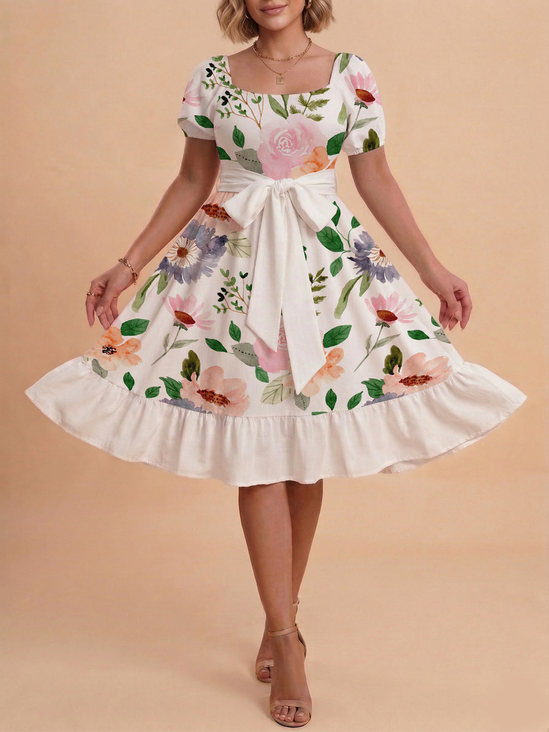 Damen Sommerliches Blumenkleid mit taillierbarem Gürtel und voluminösen Ärmeln EB