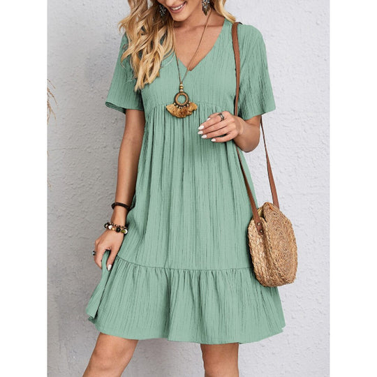 Damen Leichtes V-Ausschnitt Kleid mit schwingendem Rock EB