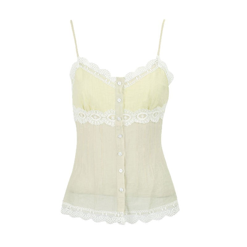 Damen Spaghettiträger Bluse mit Spitzenakzenten und Knopfdetail EB