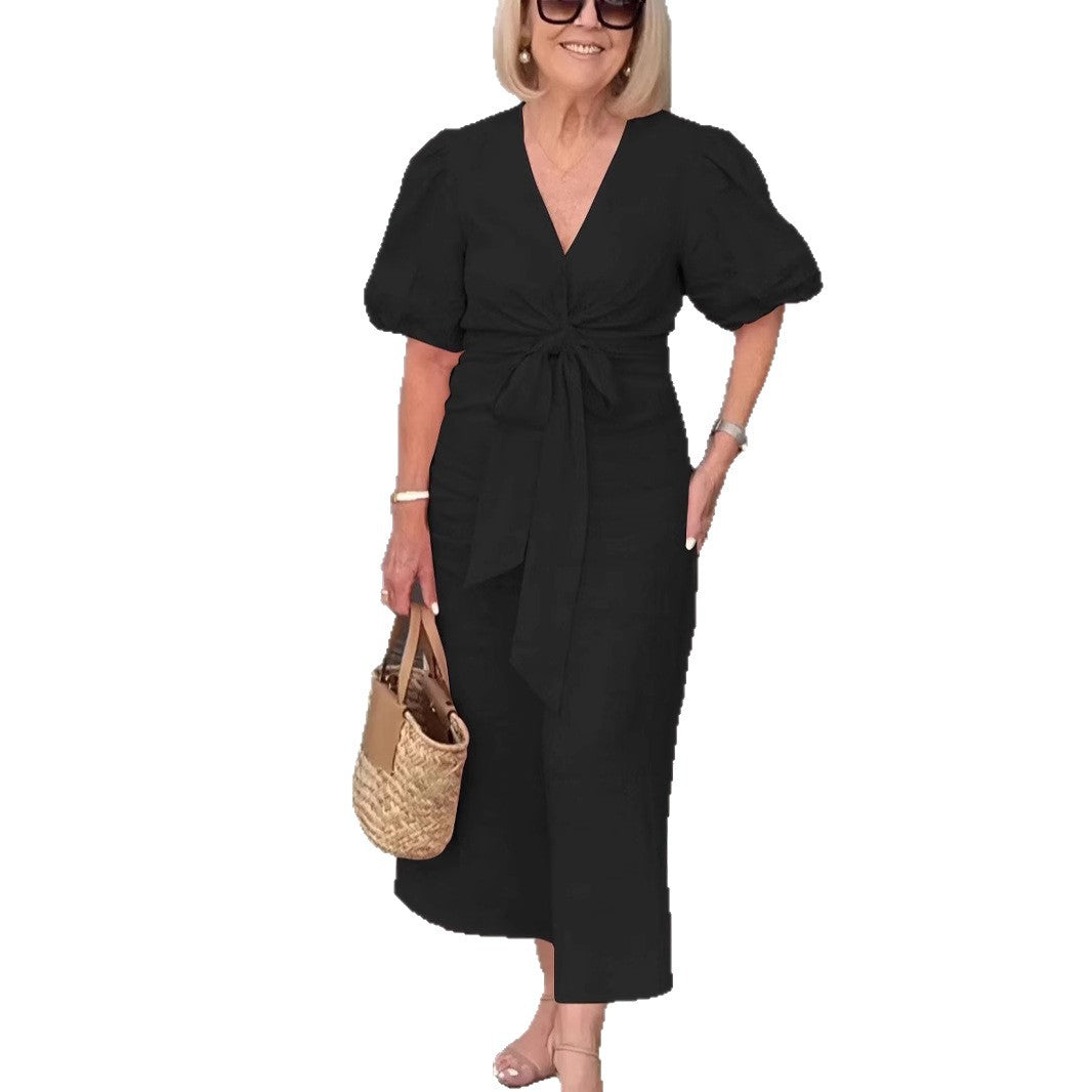 Damen Maxikleid mit eleganten Puffärmeln und Taillenknoten EB
