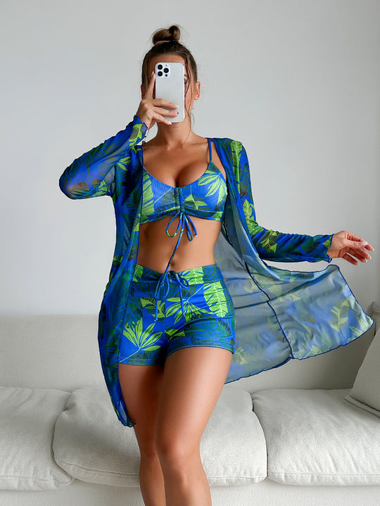 Damen Bikiniset mit luftiger Wickeljacke und floralem Muster EB