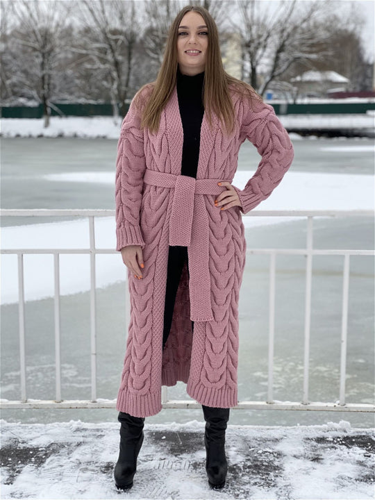 Damen Grobstrick-Mantel mit markantem Zopfdesign und offenem Schnitt EB