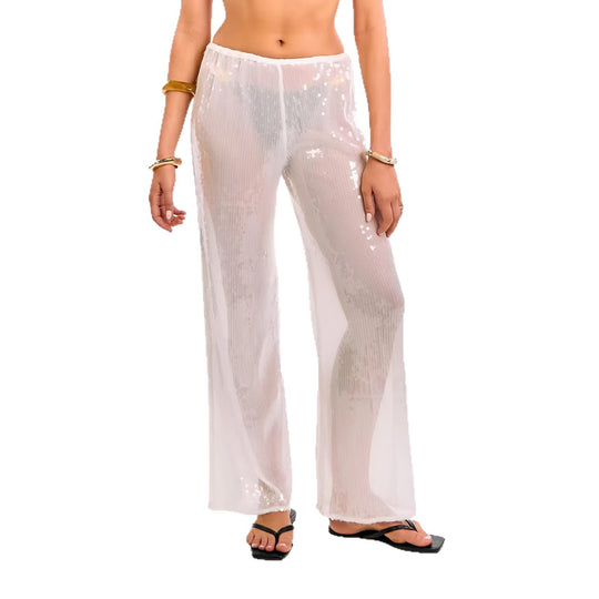 Damen Elegante Pailletten-Hose mit transparentem Chiffon und weitem Schnitt EB