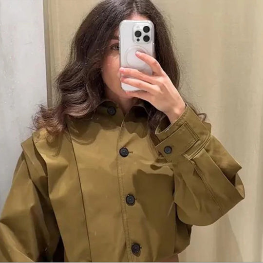 Damen Modische Oversized-Jacke mit strukturierten Ärmeln und Knopfdetail EB