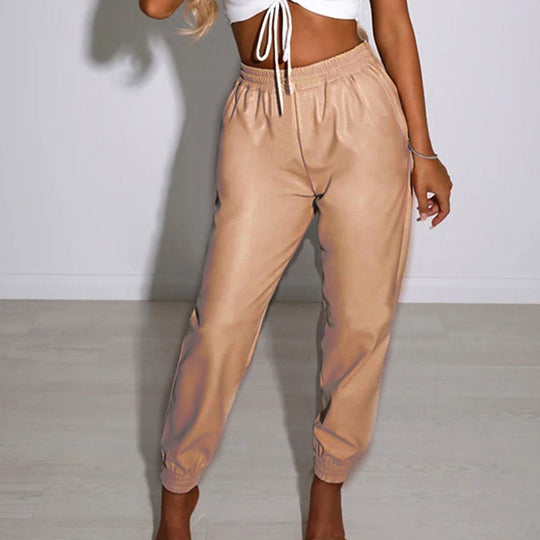 Damen Bequeme Kunstleder Jogginghose EB