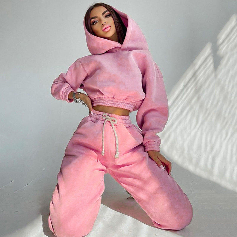 Damen nan Cropped-Hoodie-Loungewear-Set mit elastischem Rippbund, hoher Taillen-Jogginghose und dekorativem Kordelzug EB