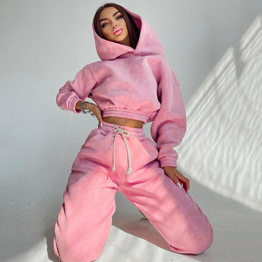 Damen nan Cropped-Hoodie-Loungewear-Set mit elastischem Rippbund, hoher Taillen-Jogginghose und dekorativem Kordelzug EB