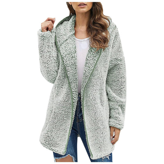 Damen Flauschige Kapuzenjacke im oversized Schnitt mit Eingrifftaschen und Reißverschluss EB