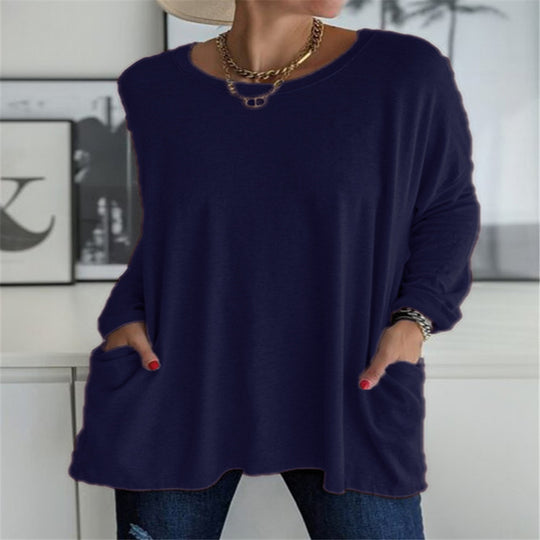 Damen nan oversized Longsleeve-Tunika mit Rundhalsausschnitt, überschnittener Schulter und aufgesetzten Taschen EB