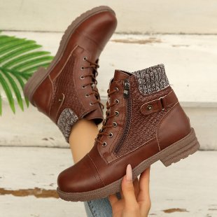 Damen nan knöchelhohe Schnürstiefelette mit Strickschaft, Seitenreißverschluss und profilierter Gummisohle EB