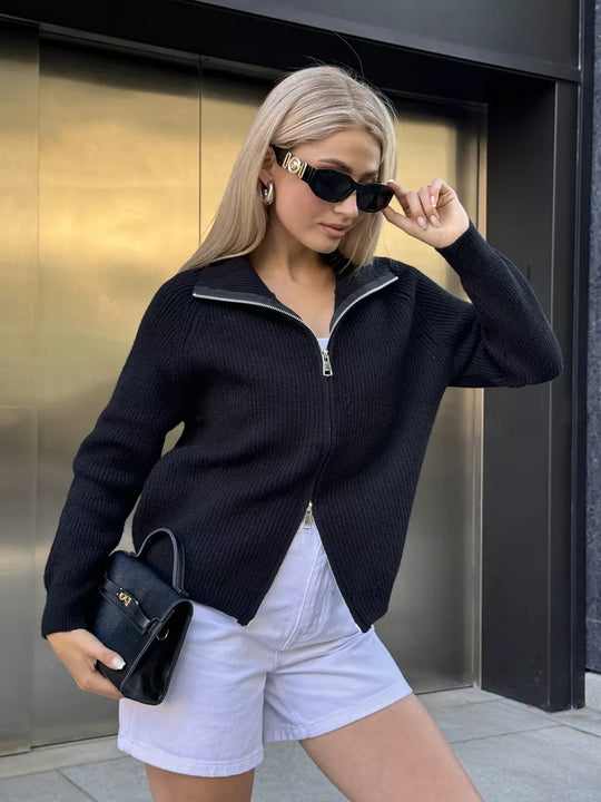 Damen Pullover mit hochschließendem Reißverschluss und strukturiertem Maschenmuster EB