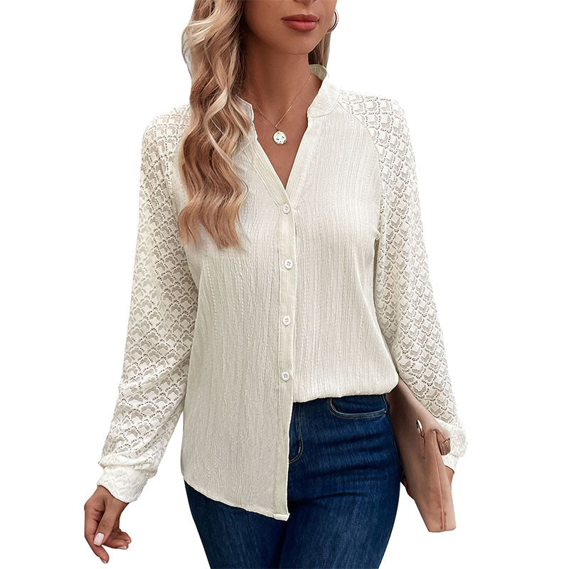 Damen Bluse mit eleganten Spitzenärmeln und hochwertiger Struktur EB