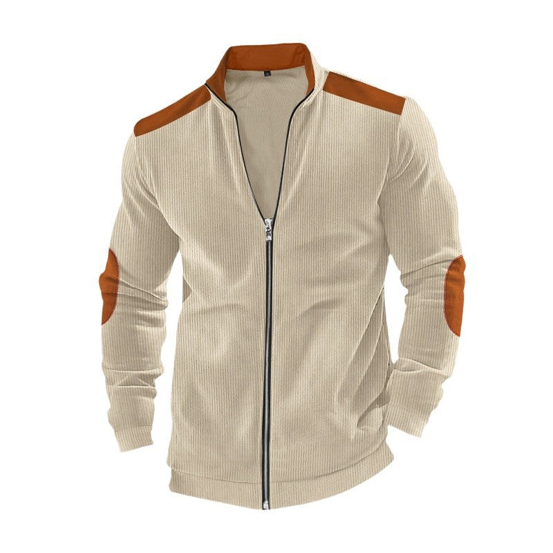 Herren nan Stehkragen-Sweatjacke mit feiner Rippstruktur, Ellbogen-Patches und kontrastierenden Schulterdetails EB