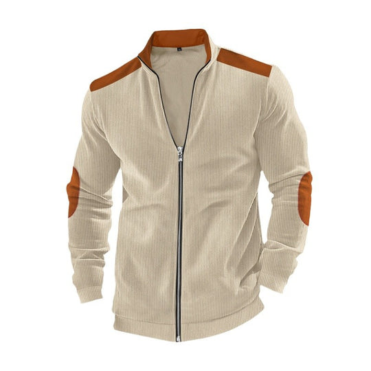 Herren nan Stehkragen-Sweatjacke mit feiner Rippstruktur, Ellbogen-Patches und kontrastierenden Schulterdetails EB