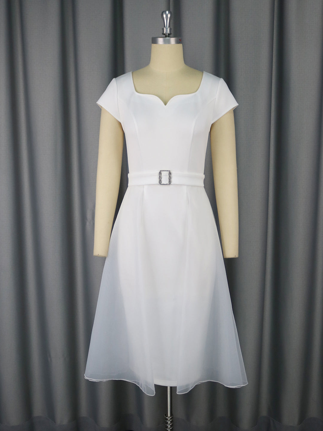Damen stilvolles A-Linien Kleid mit schickem Tüllüberwurf und dekorativem Taillengürtel EB
