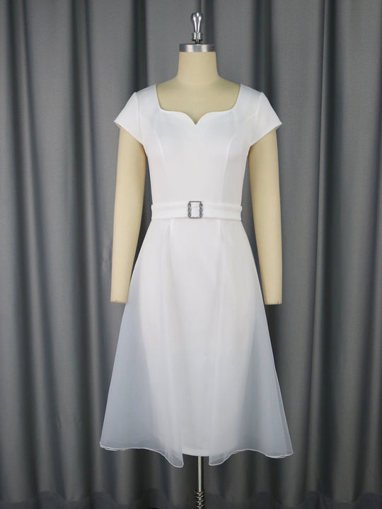 Damen stilvolles A-Linien Kleid mit schickem Tüllüberwurf und dekorativem Taillengürtel EB
