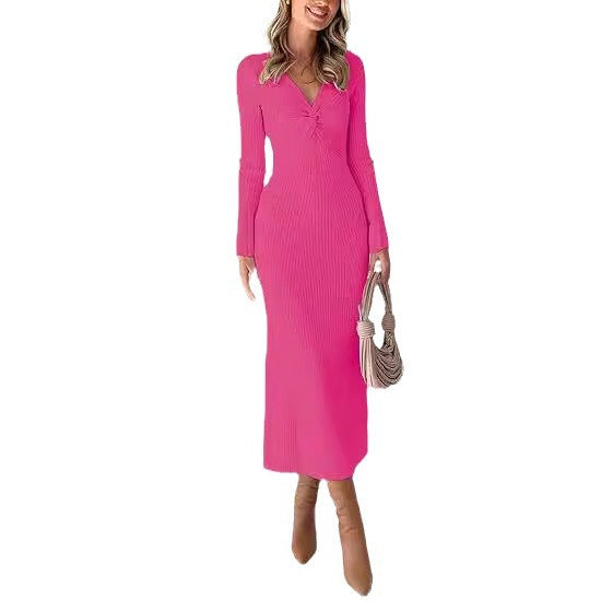 Damen elegantes Midikleid mit V-Ausschnitt und strukturiertem Rippdesign EB