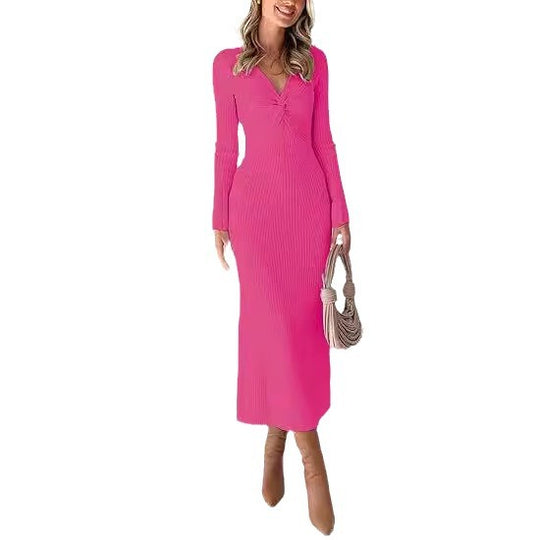 Damen elegantes Midikleid mit V-Ausschnitt und strukturiertem Rippdesign EB