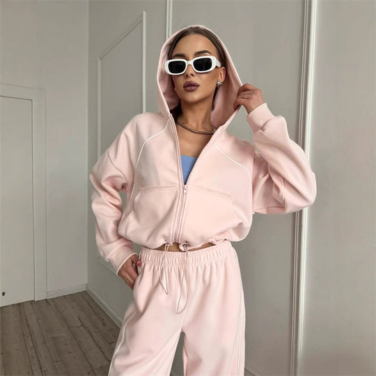Damen nan Kapuzenjacke und weite Jogginghose Set mit kontrastnähten EB