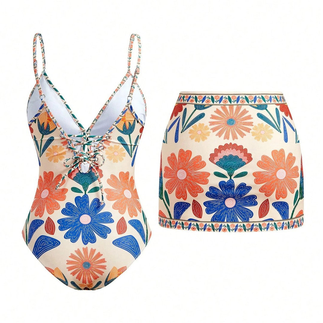 Damen Badeanzug mit floralem Design und abnehmbarem Rock EB