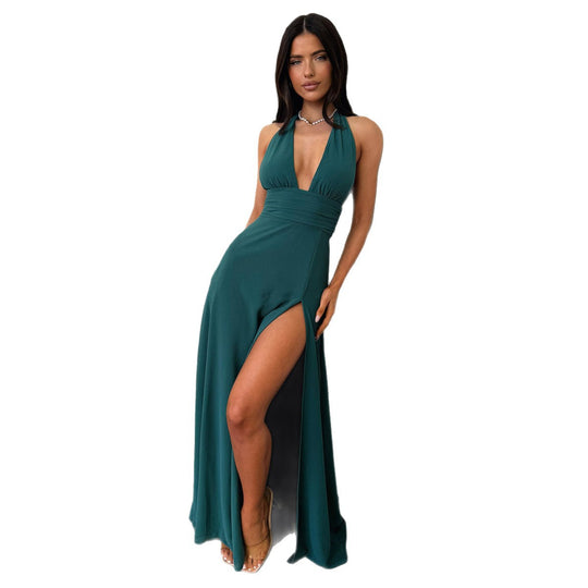 Damen Maxi Kleid mit tiefem V-Ausschnitt und hohem Beinschlitz EB