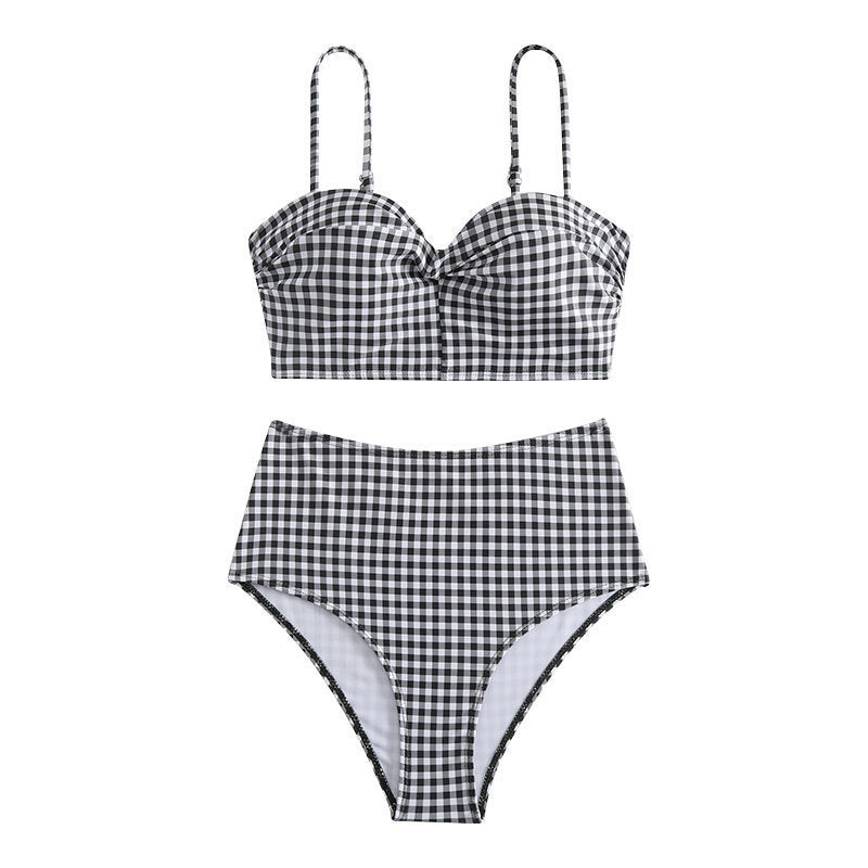 Damen Hochgeschnittener Karo-Bikini mit gepolstertem Oberteil EB