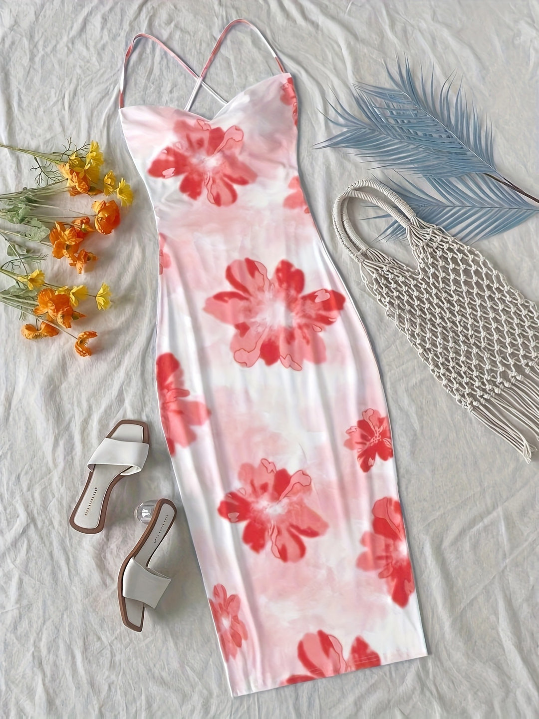 Damen figurbetontes Maxikleid mit attraktiven Spaghettiträgern und floralen Mustern EB