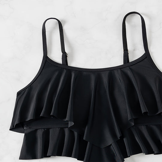 Damen Badeoberteil mit voluminösem Rüschendesign und hohem Taillenslip EB