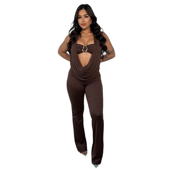 Damen Eleganter Jumpsuit mit anpassbarem Ausschnitt und schickem Gürtel EB