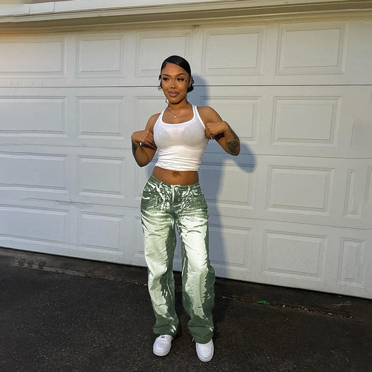 Damen Schlaghose mit hoher Taille, Bleach-Effekt und weitem Bein EB