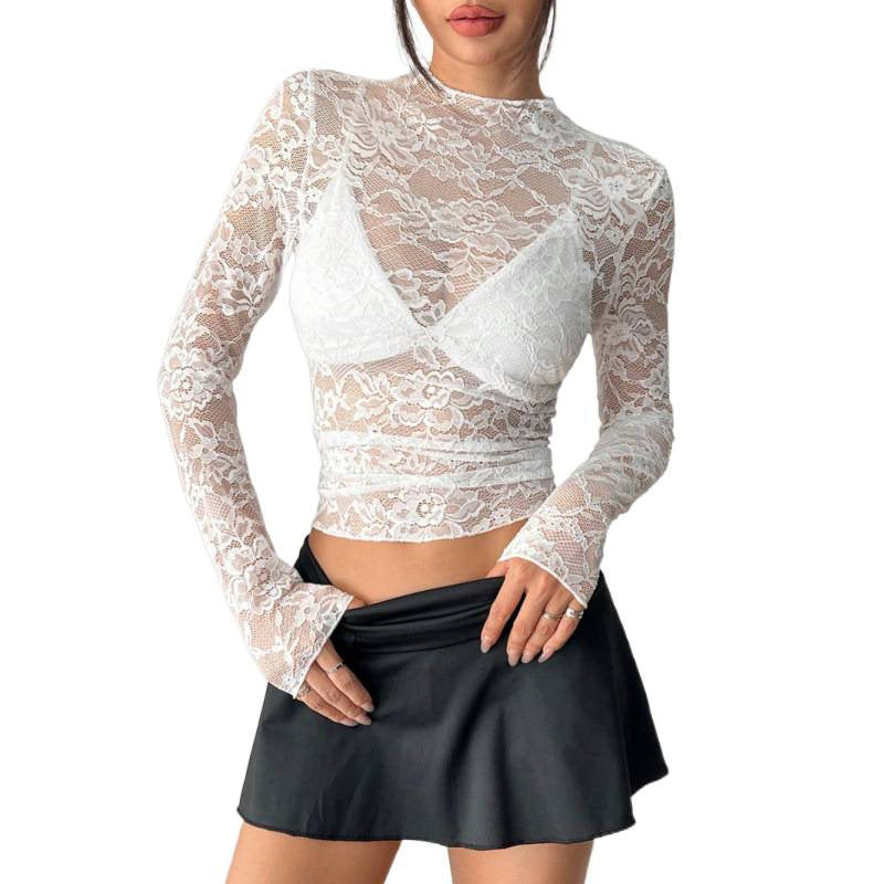 Damen Spitzentop mit langem Arm und tiefem V-Ausschnitt EB
