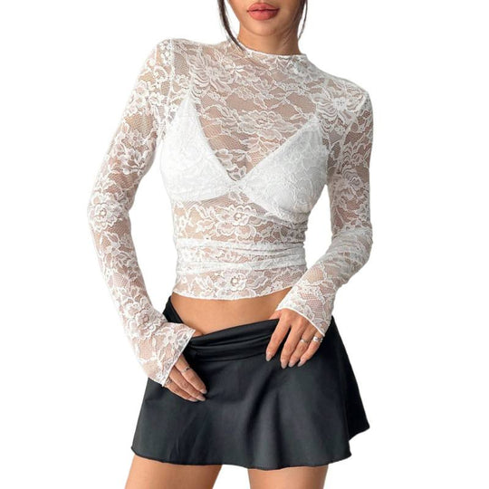 Damen Spitzentop mit langem Arm und tiefem V-Ausschnitt EB