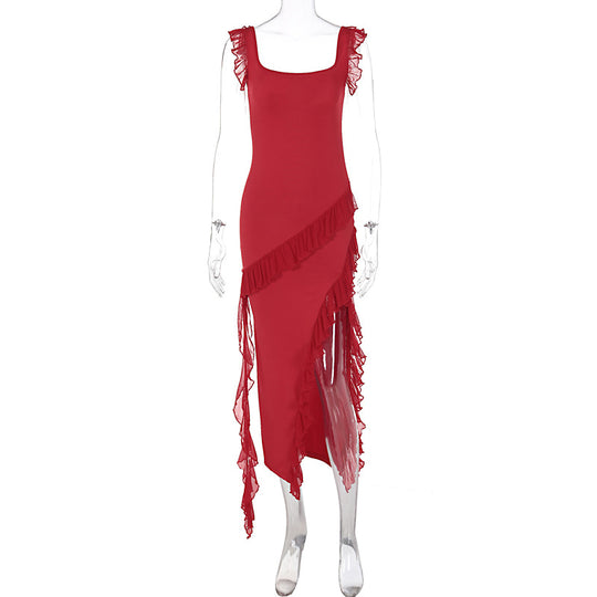 Damen asymmetrisches Maxi-Kleid mit Rüschendetails und hohem Schlitz EB
