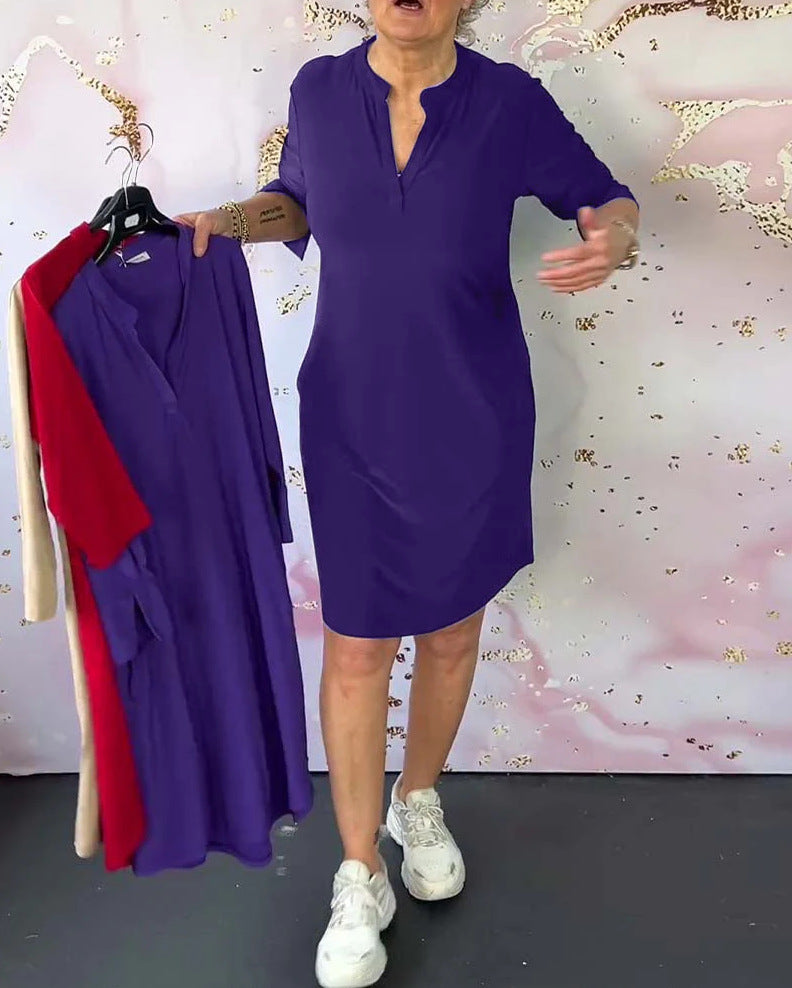 Damen nan knielanges legeres Jerseykleid mit Stehkragen und V-Ausschnitt EB