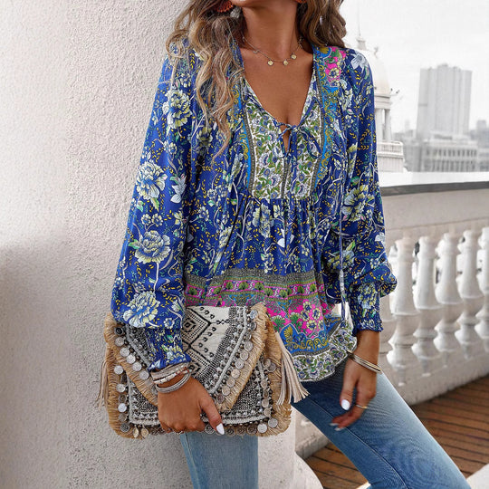 Damen Boho-Bluse mit Schleifenverzierung und floralen Mustern EB