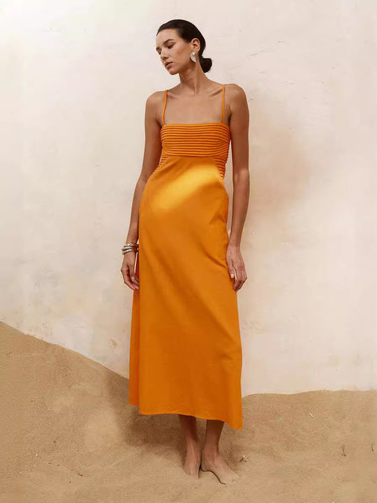 Damen sommerliches Maxikleid mit Raffungen und Spaghettiträgern EB
