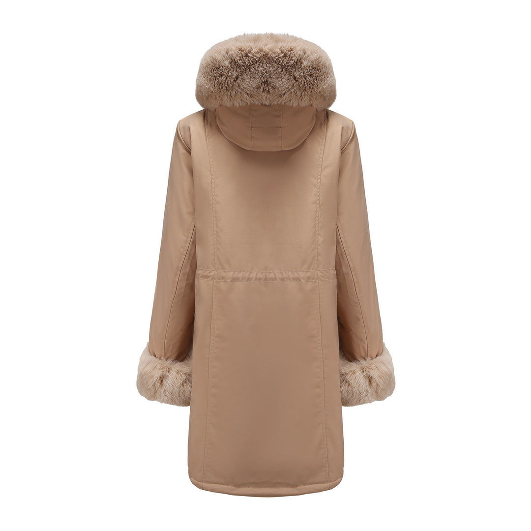 Damen modische Lange Jacke mit Kunstfellbesatz EB