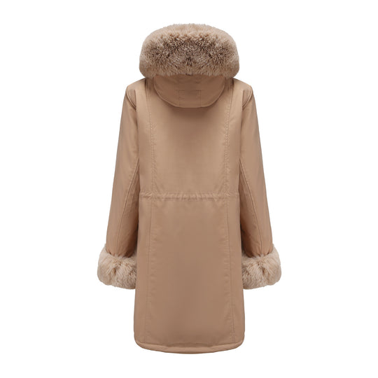 Damen modische Lange Jacke mit Kunstfellbesatz EB