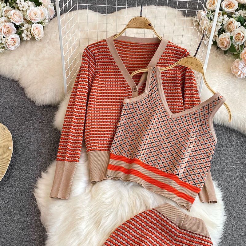 Damen Stylisches Strick-Loungewear-Set mit Tiefem V-Ausschnitt und Weit Geschnittenen Hosen EB
