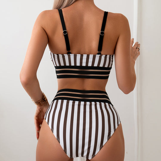 Damen hochgeschnittener Bikini mit modischen Streifen EB