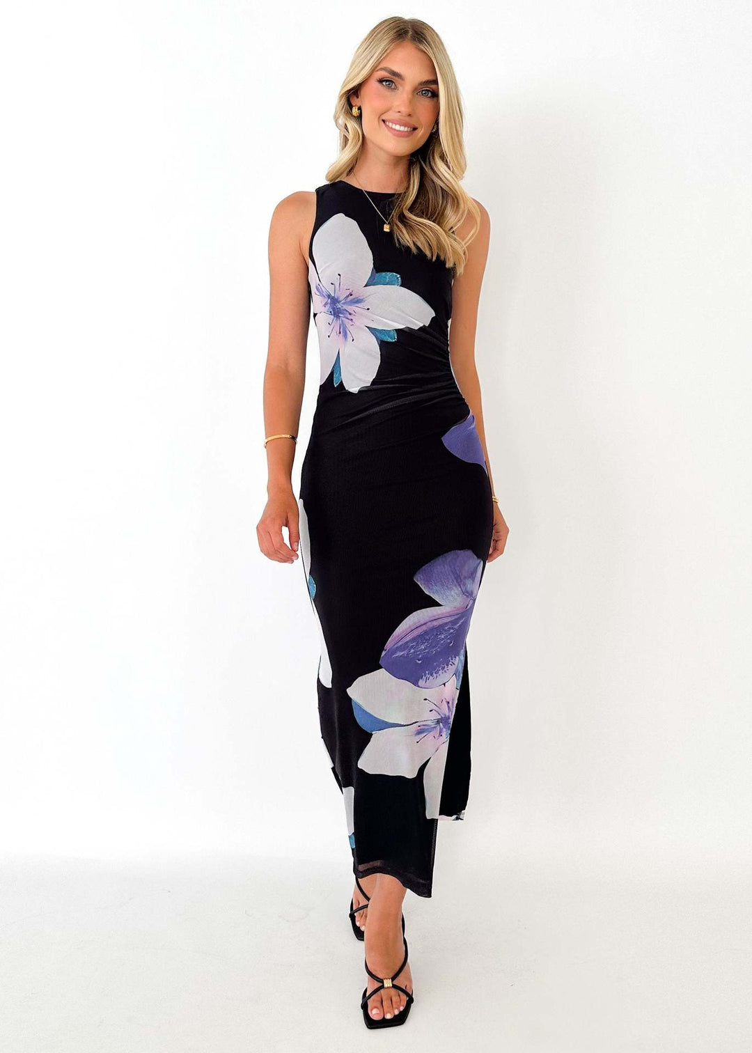 Damen Elegantes Bodenlanges Kleid mit modernem Aquarellmuster und figurbetontem Schnitt EB