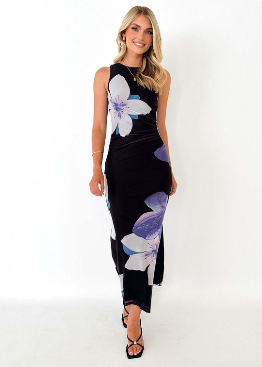 Damen Elegantes Bodenlanges Kleid mit modernem Aquarellmuster und figurbetontem Schnitt EB