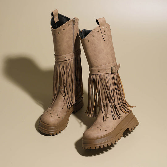 Damen Overknee-Stiefel mit modischem Fransen-Design und robustem Profil EB