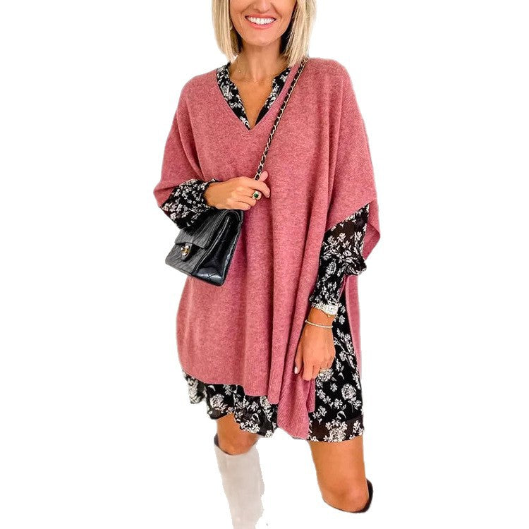 Damen Strickponcho mit V-Ausschnitt und lässigem Schnitt EB
